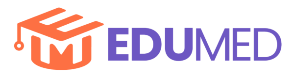 Logo of EDUMED, featuring a stylized graduation cap forming the letter 'M' in a monochromatic orange, with the rest of the letters in purple on a green background.