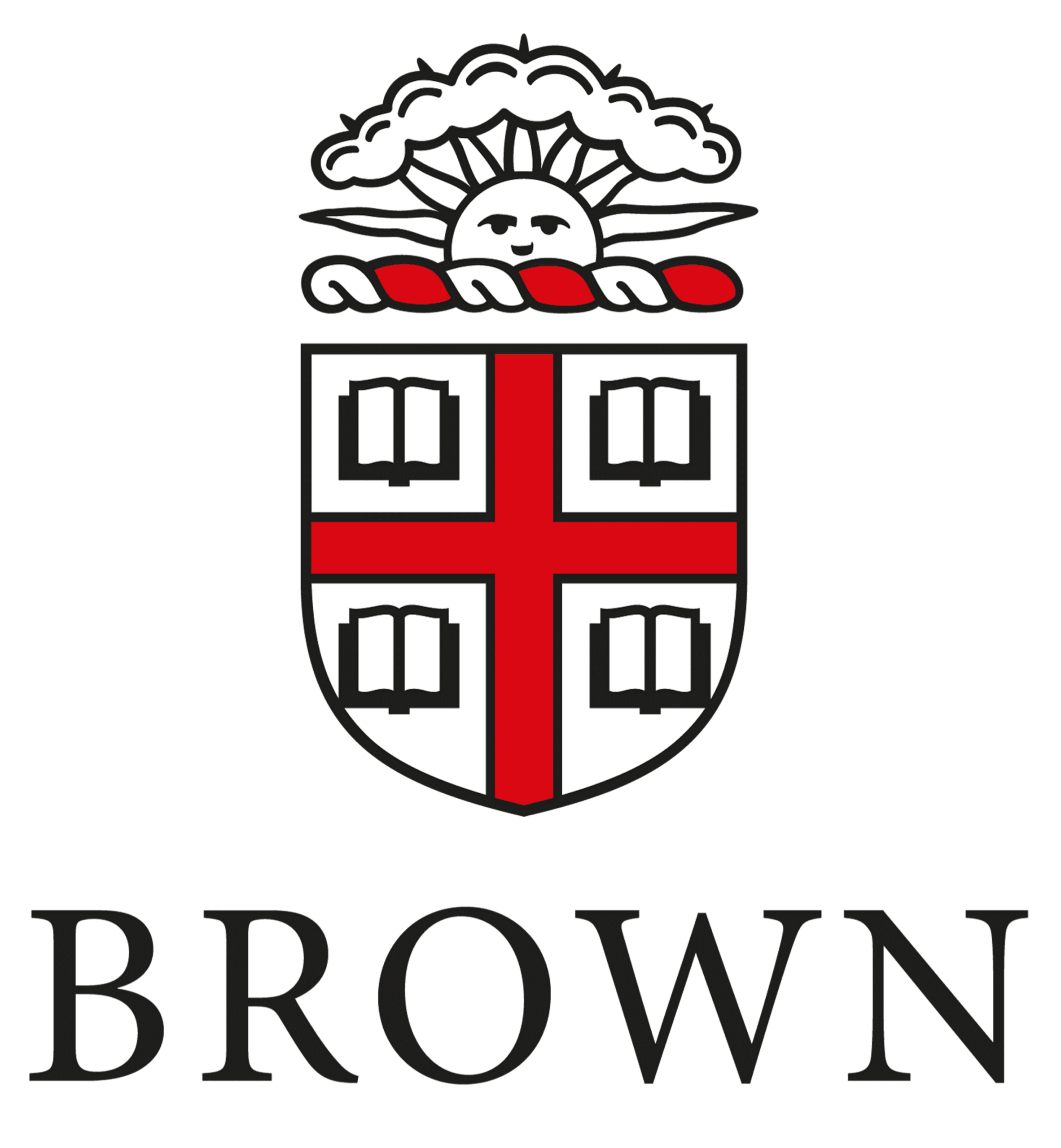 Logo of Brown University featuring a heraldic shield with a red cross on a white background. Each quadrant contains an open book. Above the shield is a sun with a face emerging from clouds. The word "BROWN" is written below in bold letters.