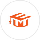 A sleek orange graduation cap icon creatively integrates the letter "M" as the top, all set against a clean white circular background.