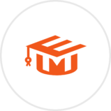 An orange graduation cap icon with the letters "M" and "E" integrated into the design, set against a white circular background with a gray border.