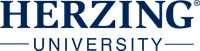 The image displays the logo for Herzing University. The text "HERZING" is written in large, capitalized blue letters, and directly underneath, the word "UNIVERSITY" appears in smaller blue capitalized letters.