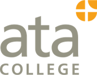 Logo of ATA College, featuring the letters "ata" in lowercase gray font, and a round yellow symbol with four quadrants in the upper right corner. Below, "COLLEGE" is in uppercase, highlighting their Medical Assistant programs with online and campus options.