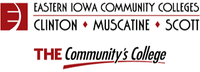 Logo for Eastern Iowa Community Colleges featuring the names Clinton, Muscatine, Scott, and the tagline "The Community's College" with a red and black color scheme.