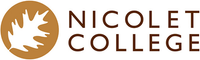 Logo for Nicolet College, located in Wisconsin, features a stylized brown leaf inside a gold circle. "Nicolet College" is written in brown text to the right, reflecting its dedication to both online and campus offerings like Medical Assistant Programs.