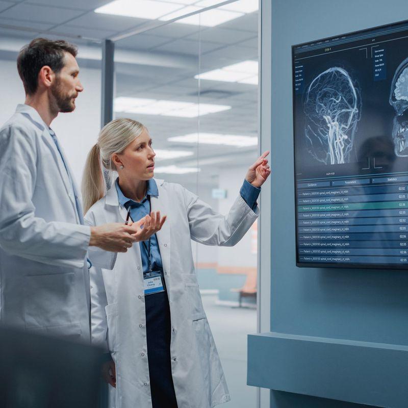 Closeup portrait of intellectual woman healthcare personnel with white labcoat, looking at full body x-ray radiographic image, ct scan, mri, isolated hospital clinic background. Radiology department