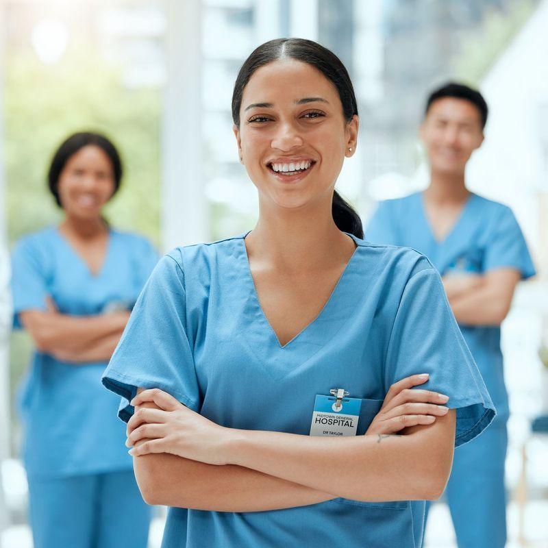 A smiling female RN in blue scrubs stands in the foreground, with doctors conversing in the background of a bright hospital hallway.